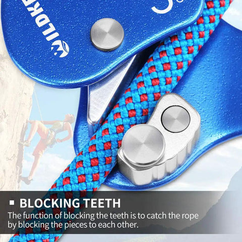 Close-up of blue Climbing Ascender Belay Device Rope Grab with blocking teeth and blue-red rope for rock climbing and mountaineering.