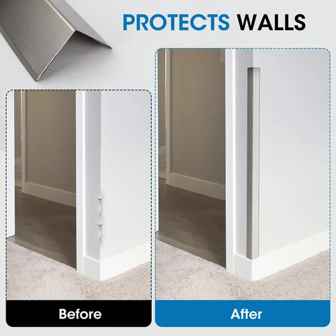 Slick And Tough As Nails 304 Stainless Steel Wall Corner Guards 2X2X48 Inch showing before and after installation on wall corners.