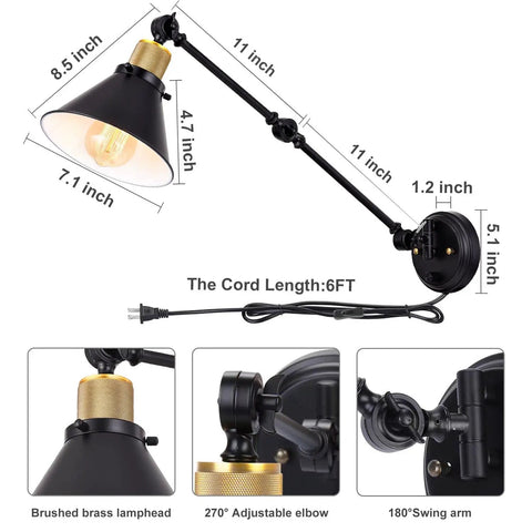 Slick Plug In Wall Sconce With Hella Smooth Dimmer Control And Flexible Swing Arm Featuring E26 Socket Ul Certified 6 Foot Cord showing adjustable swing arm and dimensions.