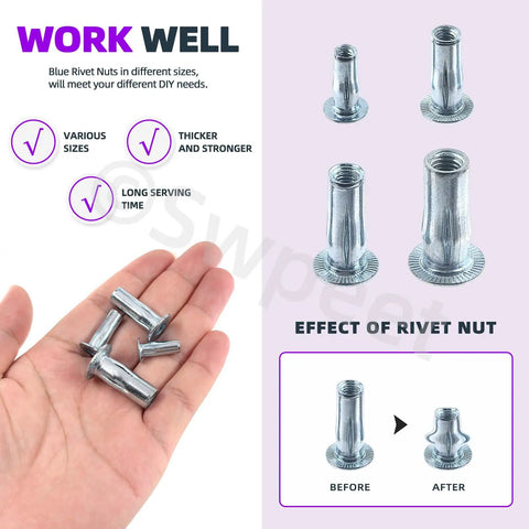 Twenty Piece M4 Metric Carbon Steel Rivet Nuts Kit With White Zinc Plating shown in hand and effect illustration.