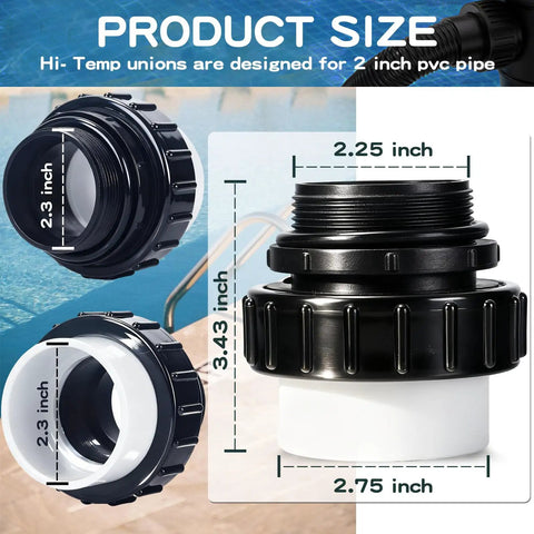 Diagram showing Beefy High Temperature PVC Unions 2 Inch MIP to Slip Fittings, size dimensions for pool pumps, Pentair compatibility, 2 pack.