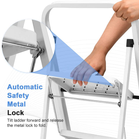 Lightweight 2 Step Folding Ladder For Adults With Anti Slip Pedal And Handrails Portable Steel Step Stool showing hand using metal lock
