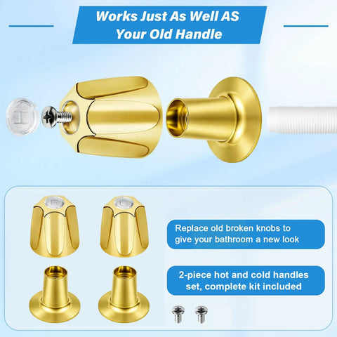 Polished Gold Shower Knob Set Two Piece Replacement For Verve Faucet Handles With 12 Tooth Valve Stem Kit