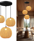 Bamboo Lantern Pendant Light, Retro Japanese Style E27 Chandelier Hanging Ceiling Fixture illuminating a dining room
