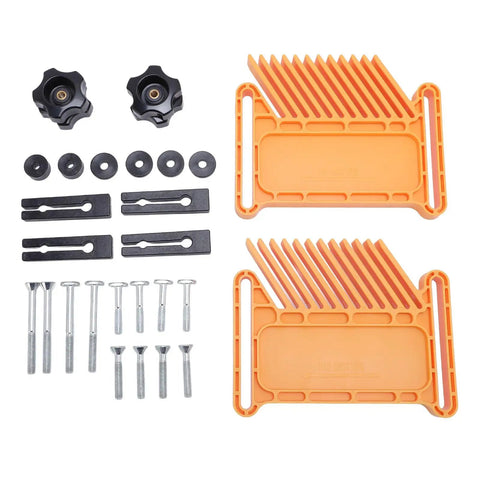 Professional Anti Kickback Feather Boards For Table Saws And Bandsaws, Heavy Duty Woodworking Clamp, hardware and components laid out.