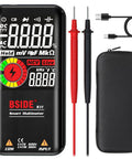 Smart Digital Multimeter 9999 Counts Pocket Voltmeter Rechargeable With Color LCD Display For AC DC Voltage Resistance Capacitance Diode Tests Duty Cycle Continuity Hz And V Alert 3 Results Display, shown with probes and case.