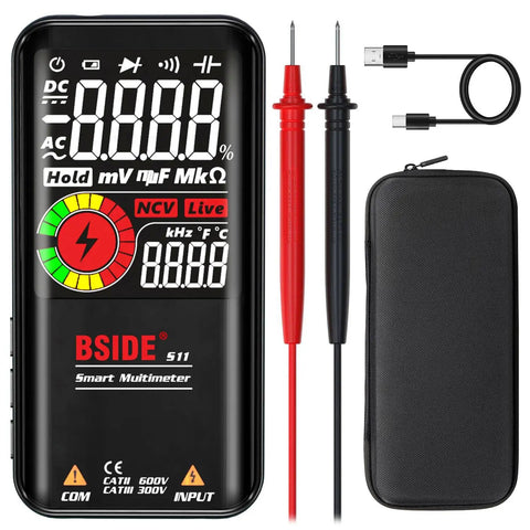 Smart Digital Multimeter 9999 Counts Pocket Voltmeter Rechargeable With Color LCD Display For AC DC Voltage Resistance Capacitance Diode Tests Duty Cycle Continuity Hz And V Alert 3 Results Display, shown with probes and case.