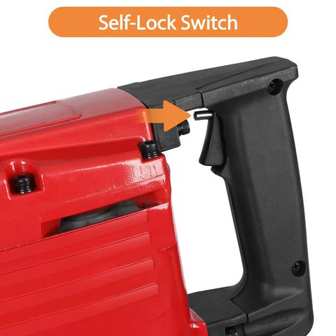Close-up of self-lock switch on 2200W Corded Electric Demolition Jack Hammer Drill Heavy Duty Concrete Breaker Kit with accessories