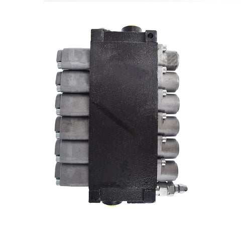 Side view of Six Spool Adjustable Hydraulic Double Acting Monoblock Control Valve For Tractor Loader Built Tough Workhorse 11 GPM 3600 PSI Cast Iron