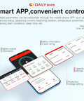 Smart Lithium Iron Phosphate BMS Board With Bluetooth Monitoring And Parallel Sync For Heavy Duty Rig LiFePO4 Battery Packs Up To 72V 500 Amp Waterproof Safety Shield Kit displayed with mobile app interface showing battery parameters.