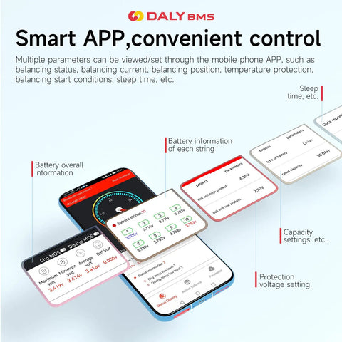 Smart Lithium Iron Phosphate BMS Board With Bluetooth Monitoring And Parallel Sync For Heavy Duty Rig LiFePO4 Battery Packs Up To 72V 500 Amp Waterproof Safety Shield Kit displayed with mobile app interface showing battery parameters.