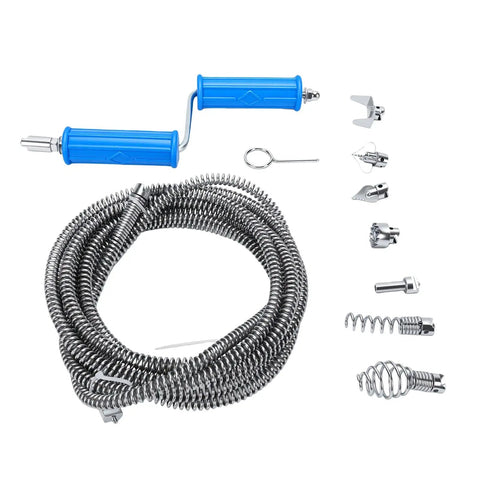 Heavy Duty Pipe Cleaning Spiral With Six Precision Cutting Heads And Three Meter Cable To Kick Out Stubborn Kitchen Sink And Bath Clogs No Sweat Using Solid Alloy Steel Construction, showing steel core and blue handles.