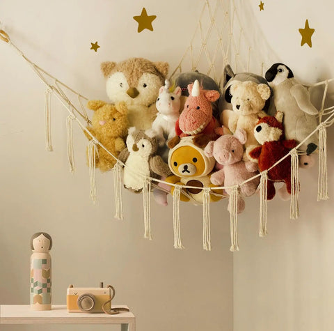 Stuffed Animal Storage Hammock Net For Corners And Walls, large toy hammock with plush toys, beige cotton macrame in nursery