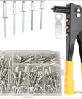 Heavy Duty Riveter Set With Pop Rivet Gun And 120 Piece Blind Rivets Assortment For Metal DIY Projects shown with tools and rivets