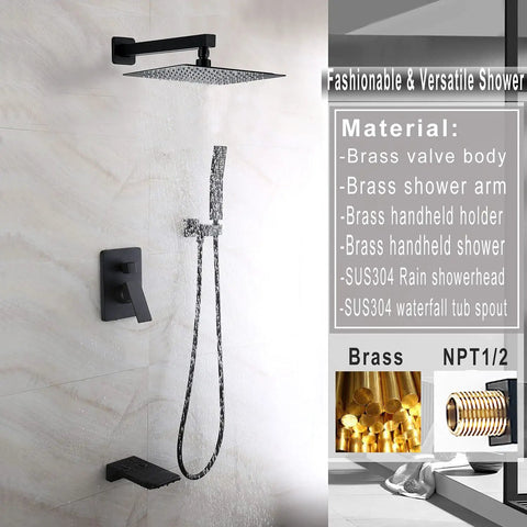 Dope Matte Black Wall Mounted Shower Faucet Set With 10 Inch Rain Shower Head, Waterfall Tub Spout, Handheld Shower, All Metal Construction