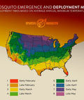 Map showing mosquito emergence times in the US with color coding for each month from early February to late May by Spartan Mosquito.