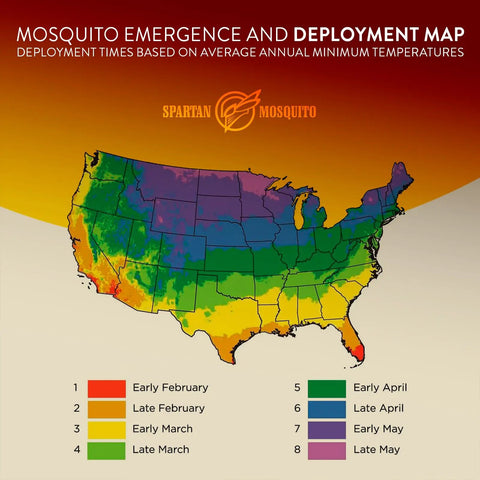 Map showing mosquito emergence times in the US with color coding for each month from early February to late May by Spartan Mosquito.