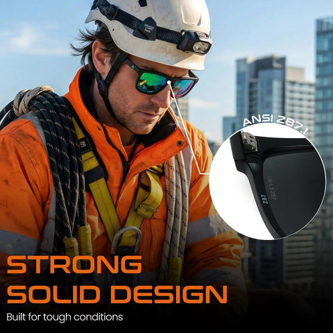 Job Site Tough Z87.1 Safety Sunglasses For Men Featuring Polarized Lenses And UV400 Shielding close-up on ANSI Z87.1 certification.