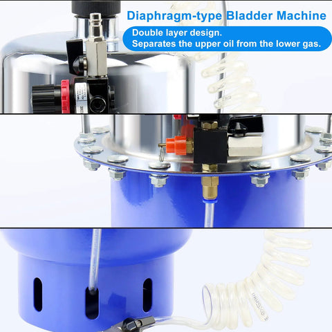 Close-up of Portable Pneumatic Brake Bleeder Kit For One Man Operation, showing air pressure system and adapters.