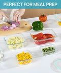 8 Pack Glass Food Storage Containers With Airtight Lids For Meal Prep And Leftovers on kitchen counter with chopped vegetables