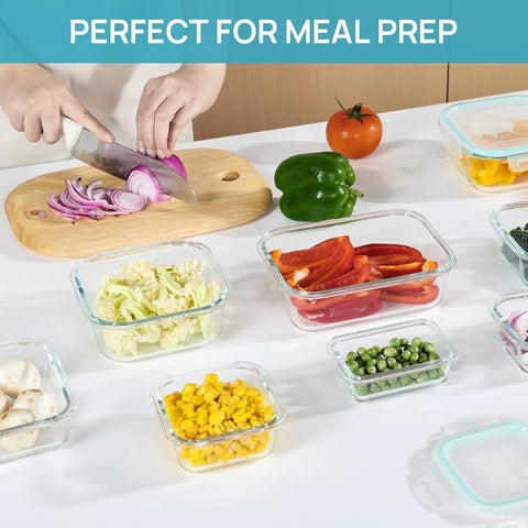 8 Pack Glass Food Storage Containers With Airtight Lids For Meal Prep And Leftovers on kitchen counter with chopped vegetables