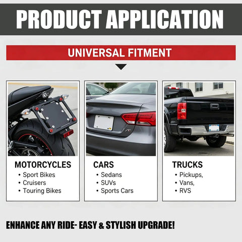 Universal fit images displaying Heavy Duty Aluminum License Plate Bolts 4 Pack for motorcycles, cars, and trucks.