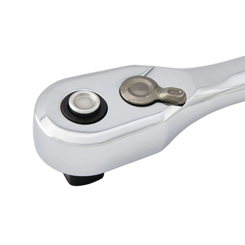 One Half Inch Quick Release Ratchet With Slim Head, 72 Tooth Gear, 5 Degree Swing, Ergonomic Handle, close-up of ratchet head