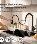 IKEBANA Black Kitchen Faucet with Pull Down Sprayer, stainless steel flexible hose, 18-inch reach for easy food prep.