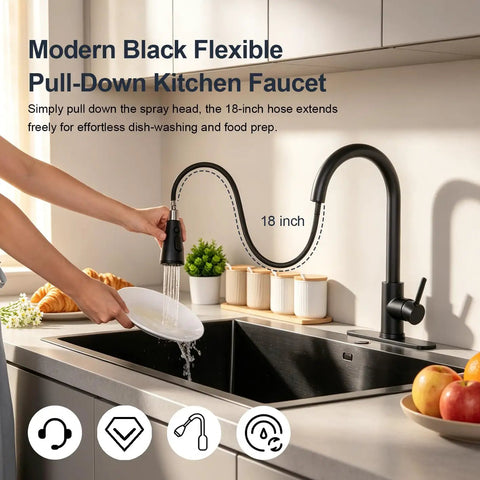 IKEBANA Black Kitchen Faucet with Pull Down Sprayer, stainless steel flexible hose, 18-inch reach for easy food prep.