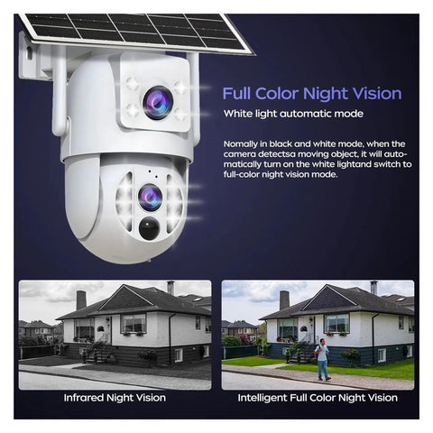For Real 4K Dual Lens Outdoor Security Camera With Hassle Free Solar Charging And Clean 360 Pan Tilt Zoom Wifi Wireless Surveillance System For Yard Watch showing full color night vision features and solar panel.