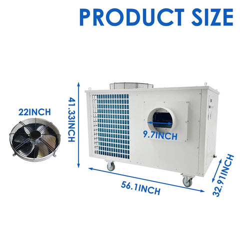 Heavy Duty Portable Air Conditioner Rock Solid Industrial Spot Cooler dimensions with fan size for garage shop and warehouse use.