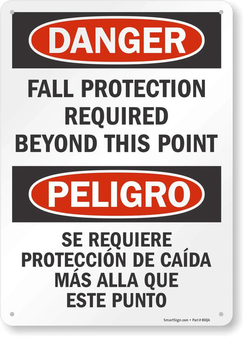 Danger Fall Protection Sign, Bilingual English Spanish, 14 By 10 Inch Aluminum Metal Sign, 40 Mil Laminated Rustproof, Pre Drilled Holes, Red Black White, Made In USA