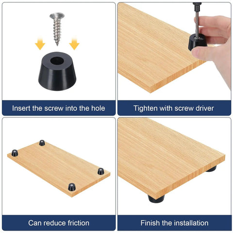 Round Synthetic Rubber Feet Bumpers With Built Threaded Screws Super Grippy Non Slip Cushions during installation on wood surface.