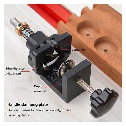 Aluminum Alloy 35mm Milling Cutter Kit For Hinge Fixtures With Clip Drill Bit Drilling Guide Hole Locator For Woodworking Cabinets And Furniture Installations Side And End Milling DIY Friendly And Easy To Use Precise Hole Alignment, black clamp plate close-up
