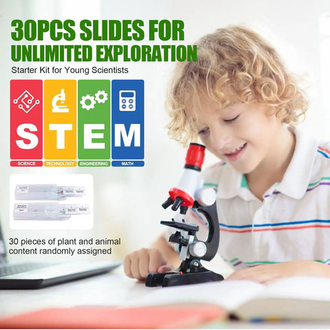 120 Microscope Slides With Prepared Specimens For Biology Class Ready To Use Plant Insect Animal Algae Experiments Perfect For Classroom Lab And Home Science Education For Curious Minds And Science Nerds. 30pcs set with child using microscope