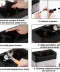 Electric Portafilter Cleaner With Automatic Coffee Ground Knock Box And Dual Brush Heads Providing No Fuss 340 Rotating Cleanups For Smooth Sailing Home Bars And Bustling Cafes In Classic Black instructional steps for setup and operation.