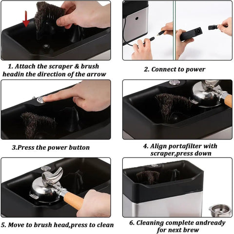Electric Portafilter Cleaner With Automatic Coffee Ground Knock Box And Dual Brush Heads Providing No Fuss 340 Rotating Cleanups For Smooth Sailing Home Bars And Bustling Cafes In Classic Black instructional steps for setup and operation.