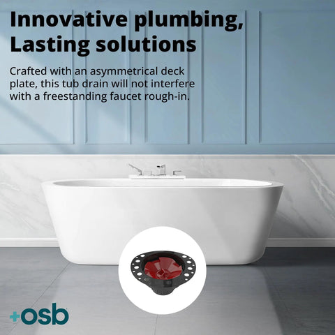 Two Piece ABS Freestanding Tub Drain Kit And Rough In With No Fuss Install, asymmetrical deck plate, shown with tub