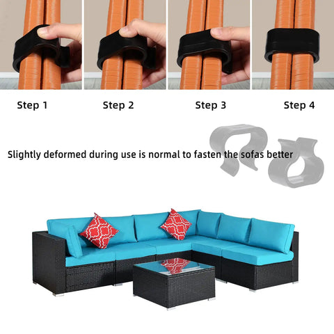 Outdoor Patio Furniture Alignment Clips Pack Of 10 Non Slip Rattan Sofa And Chair Fasteners shown in use on orange tubes.