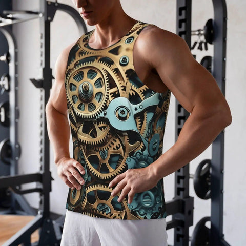Street Style Dope Steampunk Mechanical Gears Print Mens Tank Top Hella Breathable Ultra Lightweight Quick Dry sleeveless gym shirt in action.
