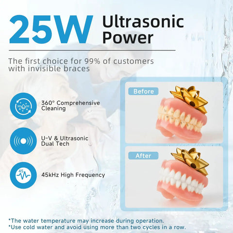 Premium Ultrasonic Retainer Cleaner Machine, 45KHz Dental Pod For Dentures, before and after cleaning results.