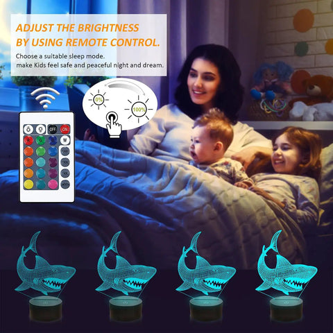 Family using Shark 3D Illusion Night Light With Touch Control And Remote 16 Color USB LED Desk Lamp Kid Friendly Room Decor