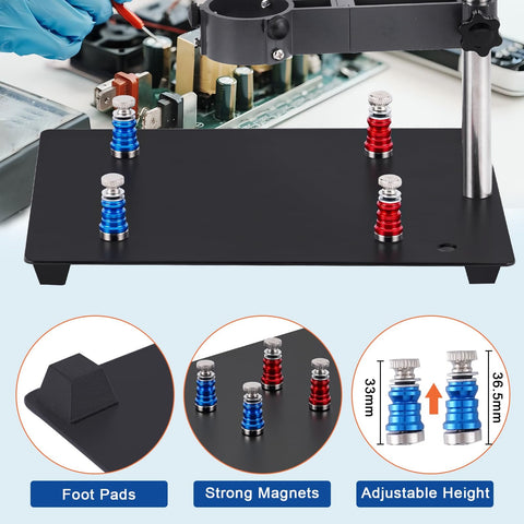 Hot Air Gun Holder With Four Flexible Magnetic Columns And Dual Adjustable Clamps for PCB, showing foot pads and height adjustability.