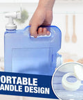 Hand holding a blue 0.8 gallon refrigerator water dispenser with leak-proof spigot and easy grip handle, ideal for parties.