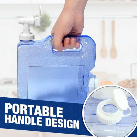 Hand holding a blue 0.8 gallon refrigerator water dispenser with leak-proof spigot and easy grip handle, ideal for parties.