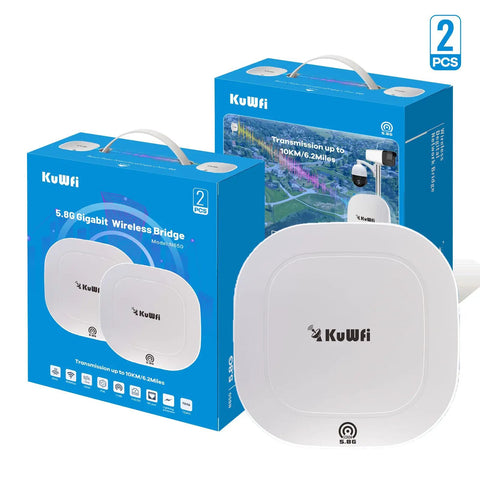 Outdoor 5.8GHz 10KM TDMA Gigabit Point To Point WiFi Bridge Kit Extends WiFi, package and device, reliable link for outbuildings