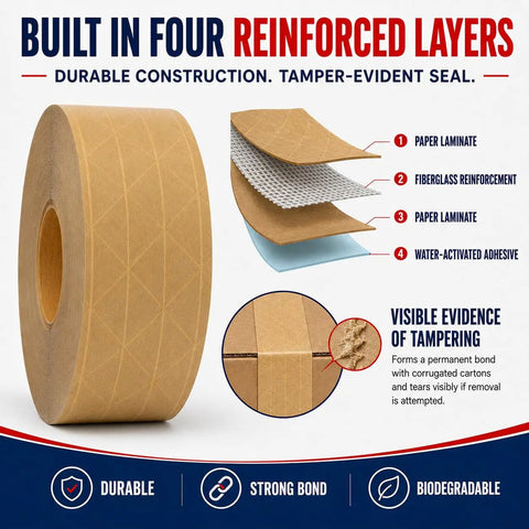 Premium Heavy Duty Water Activated Packing Tape With Badass Hold Fiberglass Kraft Backing for tamper evidence and secure sealing.