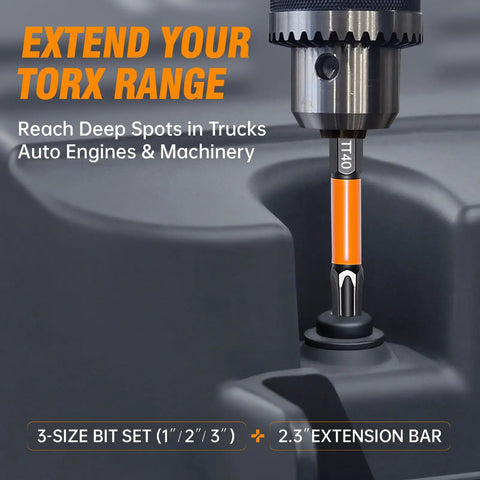 Torx Bit Set 36 Piece T5 Through T40 With 1 Inch, 2 Inch And 3 Inch Tamper Proof Bits, S2 Steel Magnetic Tips, impact usage close-up