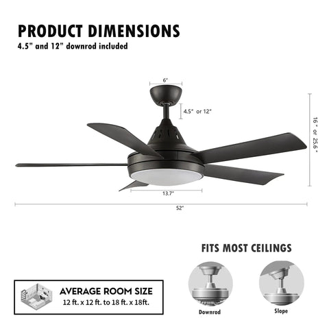 Dimensions for 52 Inch Modern Ceiling Fan With Remote And Lights, 3 Color Temperature LED, Old Bronze Finish, 5 Reversible Blades, Dimmable