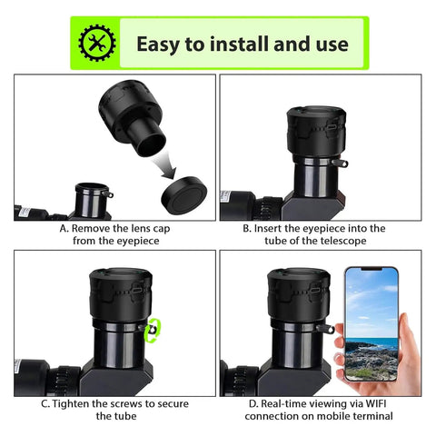 Installation steps of WiFi Telescope Camera Eyepiece With 5MP 4K Video Recording Wireless App Control for 1.25 inch telescopes